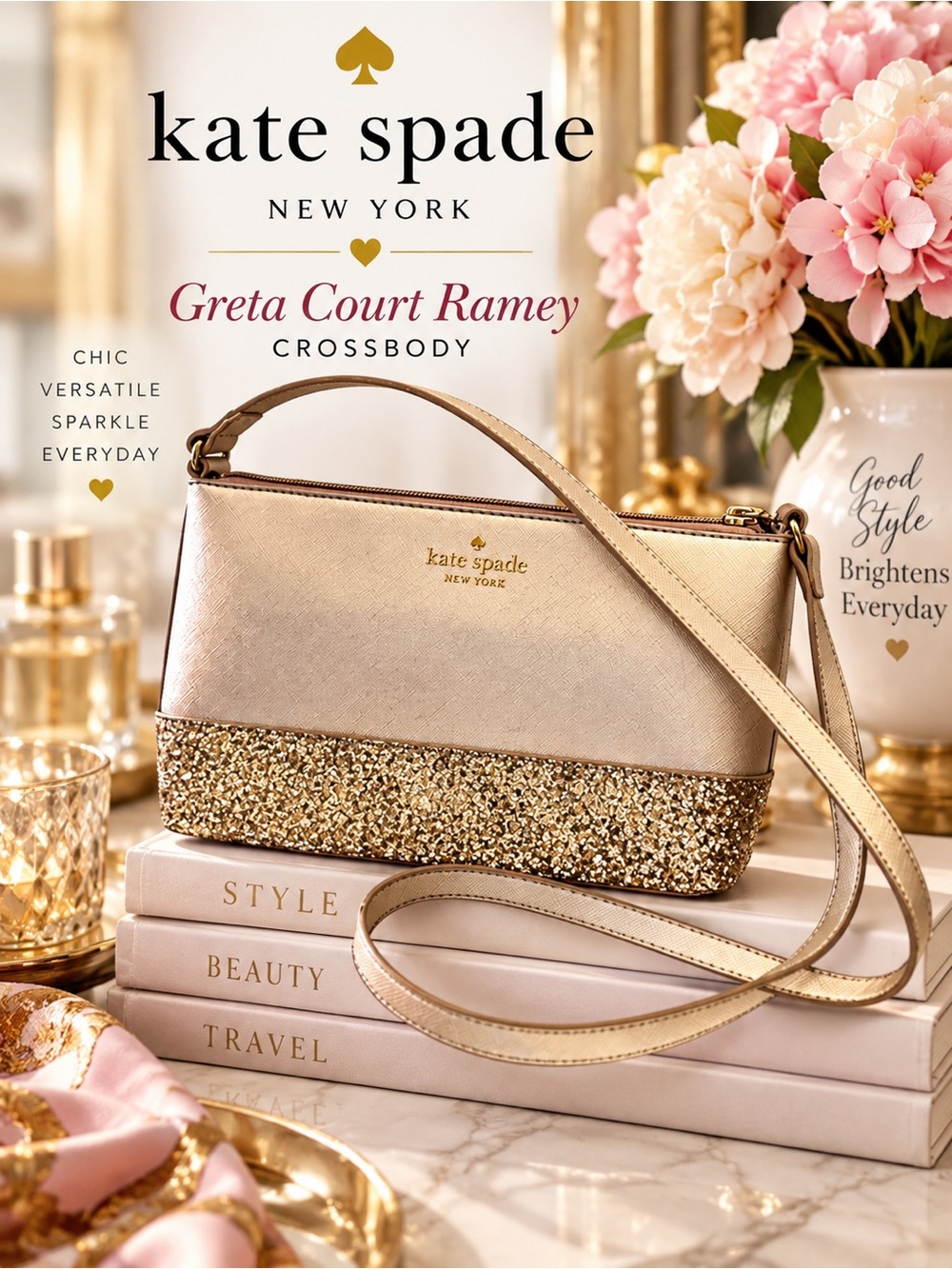 Kate Spade Greta Court Ramey Crossbody Cityscape (992) Saffiano PVC Gold Glitter